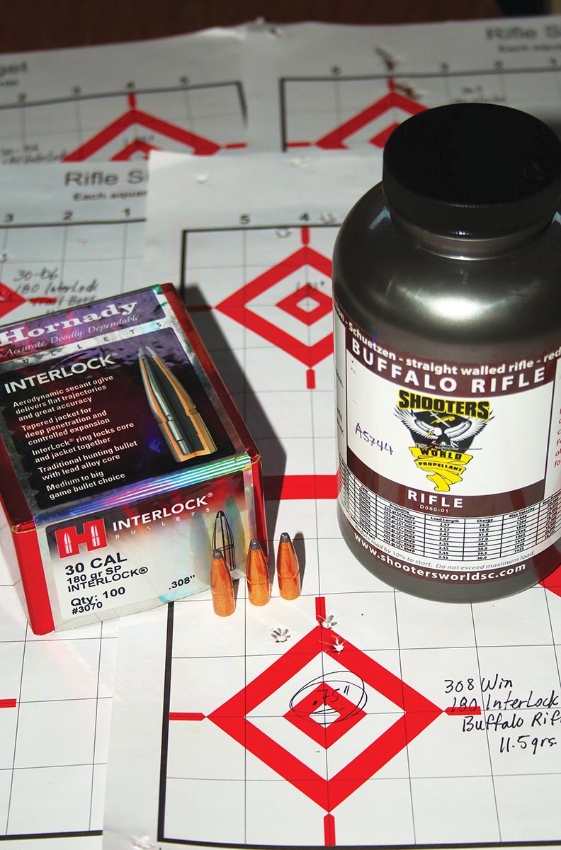 Having failed to stabilize Nosler’s 180-grain Ballistic Tip Hunting from the 308 Win, Patrick switched to Hornady’s flatbase 180-grain InterLock SP. Using 11.5 grains of Shooters World Buffalo Rifle, that combination produced a .76-inch group at a subsonic 1,088 fps.